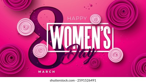 8 March. Happy Women's Day Floral Illustration. International Womens Day Vector Design with Colorful Spring Rose Flower and Number 8 on Light Pink Background. Woman Day Theme Template