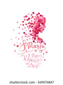 8 march. Happy Women's Day! Silhouette of a woman of pink rose petals