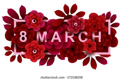8 March. Happy Women's Day card with bouquet of flowers in frame.  Vector greeting card template.
