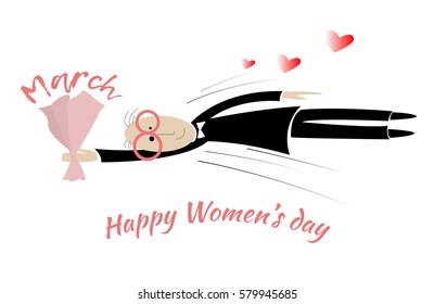 8 march. Happy Women's day. Flying man with a bouquet of red flowers. Greeting card.