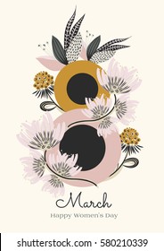 8 March. Happy Women's Day. The figure eight braided flowers. Spring holiday. Card design with hand drawn floral ornament. Colorful background with blossom. Size A4. Vector illustration, eps10