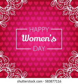8 March - Happy Women's Day greeting card. Pink hearts pattern with white hand drawn floral corners. Square frame, space for text.  Vector illustration EPS 10.