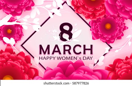 8 March Happy Women`s Day in square - spring vector background with Paper cut flower. Handdrawn Floral template, Greeting card. Holiday, Origami design, Trendy backdrop for Womens and Mother's Day