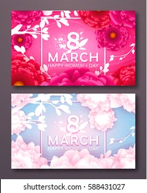 8 March Happy Women`s Day in square - spring vector background with Paper cut flower. Handdrawn Floral template, Greeting card. Holiday, Origami design, Trendy backdrop for Womens and Mother's Day.