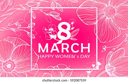 8 March Happy Women`s Day in square - spring vector background with Paper cut flower. Handdrawn Floral template, Greeting card. Holiday, Origami design, Trendy backdrop for Womens and Mother's Day