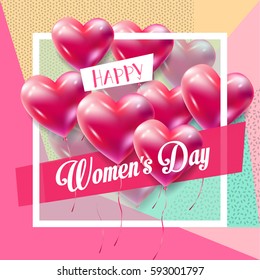 8 March Happy Women's Day. Happy. Eighth March Greeting card. 8 march international women's day Spring Holiday. Futuristic, modern design with flying balloons. Heart balloon frame. Vector illustration