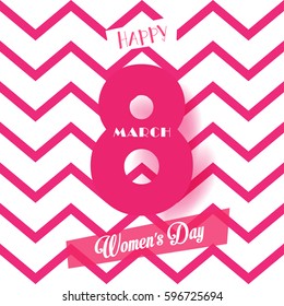 8 March Happy Women's Day greeting card. 8 number logo. Vector illustration. Zigzag geometric trendy background. Magenta color Fashion Print Fabric, Web banner, gift card, flyer poster Stylish design