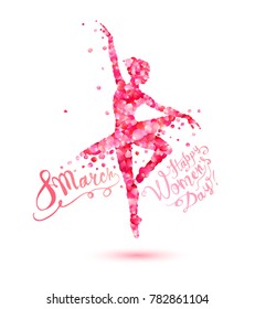 8 march. Happy Women's Day! Silhouette of a dancing woman of pink rose petals