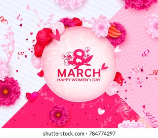 8 March Happy Women`s Day spring vector background, Paper cut flower. Floral template, Greeting card. Holiday, Origami design, Trendy backdrop for Womens and Mother's Day or romantic Valenties day