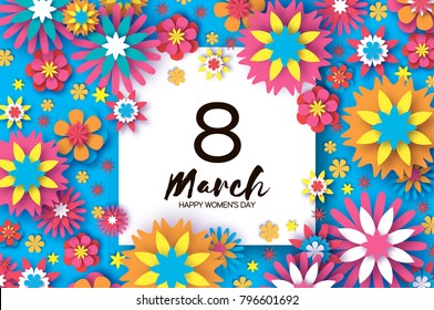 8 March. Happy Women's Day. Colorful Paper cut Floral Greeting card. Origami flower .Square frame. text. Happy Mother's Day. Text. Spring blossom. Seasonal holiday on blue sky. Trendy decoration.