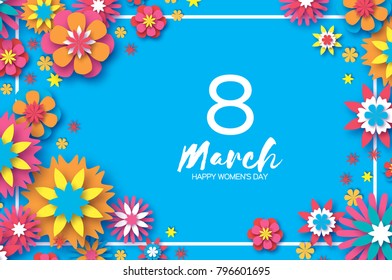 8 March. Happy Women's Day. Colorful Paper cut Floral Greeting card. Origami flower. Rectangle frame. Text. Happy Mother's Day. Text. Spring blossom. Seasonal holiday on blue sky. Trendy decoration.