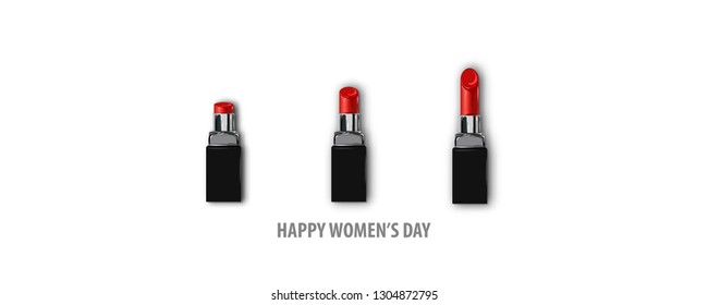 8 march happy womens fashion day. Minimalistic make up top view background. 3d painting. Vector holiday mock up. Red Lipstick banner.