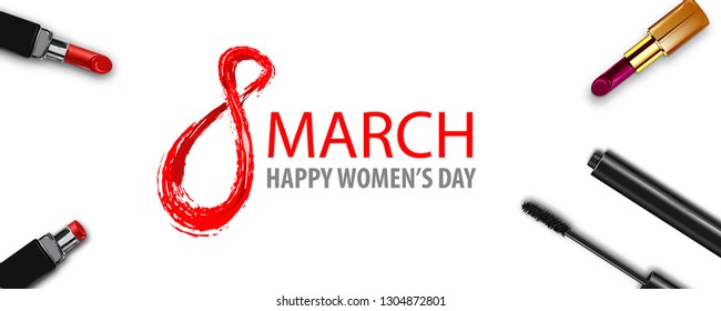 8 march happy womens fashion day. Minimalistic make up top view background. 3d painting. Vector holiday mock up. Red Lipstick banner.