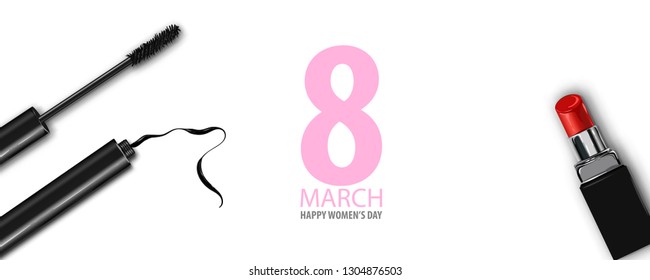 8 march happy womens fashion day. Minimalistic make up top view background. 3d painting. Vector holiday mock up. Lipstick banner.