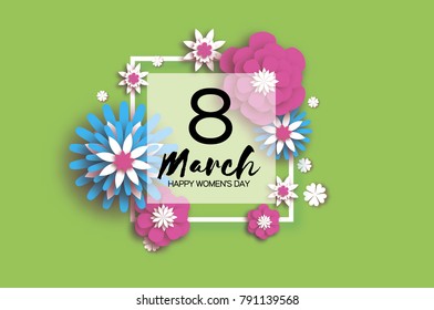 8 March. Happy Women's Mother's Day. Floral Greeting Card. Paper cut Flowers. Origami flower. Square frame. Text. Eight number. Spring blossom. Seasonal holiday on green. Traditional paper decoration.