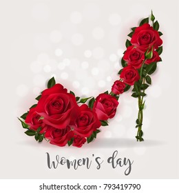 8 de marzo. tacones altos con una carta de saludo floral. Día Internacional de la Mujer Feliz. Vector Eps.10