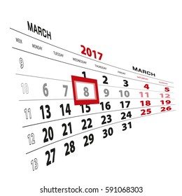 8 March highlighted on calendar 2017. Week starts from Monday. Vector Illustration.