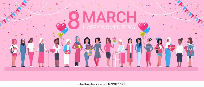 8 March Holiday Background With Happy Group Of Mix Race Woman And Decoration Horizontal Banner Flat Vector Illustration