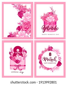 8 March holiday card with flowers and gift box. Roses and tulips bouquet. Botanical art composition. Women's day greetings and beautiful gifts.
