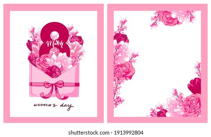 8 March holiday card with flowers and gift box. Roses and tulips bouquet. Botanical art composition. Women's day greetings and beautiful gifts.