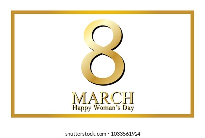8 March Holiday Card Golden Text White Background, Vector Illustration