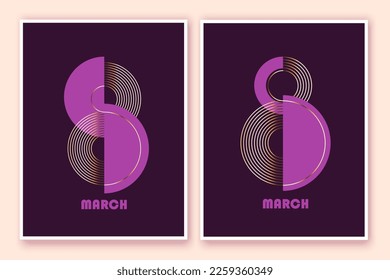 8 March holiday cards set. Modern minimal design. Number 8 typography, logo in art deco style.