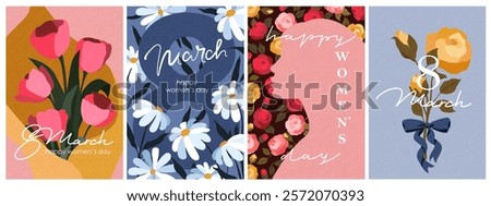 8 March holiday cards set. Happy Women's day design. Spring flowers. Bright colorful design. 
