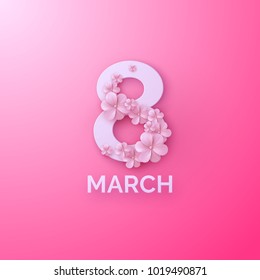 8 of March holiday cover or postcard design. International Womens Day. Vector spring illustration. Paper cut banner. Cutout letters with paper flowers on pink background. Origami style poster