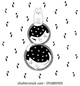 8 March holiday cute cats on flower background. International Women's Day greeting card. Happy Mother's Day. Abstract isolated design. Hand drawn vector black and white illustration. Cartoon, doodle.