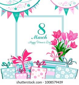 8 March. Holiday Greeting Card. Happy Women's Day. Celebration white background with flowers, pink butterfly and place for your text. Vector Illustration