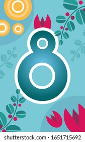 8 March holiday - Nice minimalistic vertical card. Pink, blue colors. Vector  flat design with simple forms, shapes. Big gradient number eight and tulips flowers. International women day.