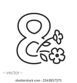 8 march icon, happy women's day with flowers, thin line vector illustration eps10