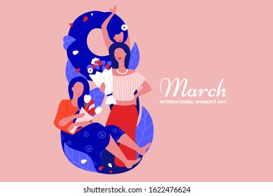 8 March illustration with beautiful girls with bouquets of flowers in flat style. Creative international women's day greeting card. Design of congratulatory poster. Vector illustration.