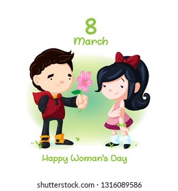 8 march illustration. The boy present girl a flower. Woman's day illustration. Cartoon kids.