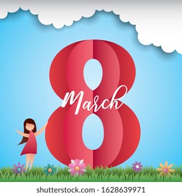 8 march illustration with girl in the park between flowers and sky. vector illustration