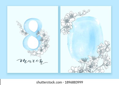 8 march illustration. Women's Day greeting card design with cherry blossoms and blue watercolor wash. Branch of sakura with petals.
