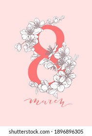 8 march illustration. Women's Day greeting card design with cherry blossoms. Branch of sakura with petals.