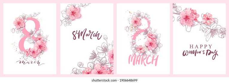 8 march illustration. Women's Day greeting card design with cherry blossoms. Branch of sakura with petals. Spring holiday background.