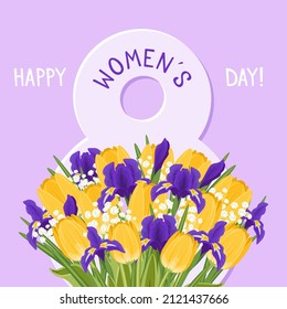 8 March image. Flower bouquet with yellow tulips and purple irises on purple background with number eight. Happy Women's Day greeting card.