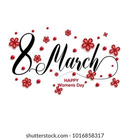 8 March inscription decorated with red glass flowers and beads. Greeting card from 8 March international womens day. Vector illustration. 