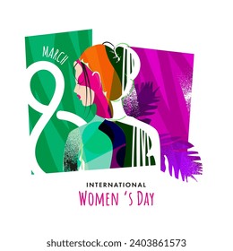 8 March, Internation Women's Day Greeting Card Design with Colorful Abstract Female Face on White Background.