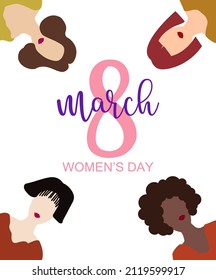8 March International women´s day. Seamless pattern female diverse faces of different ethnicity. Vector. illustration.