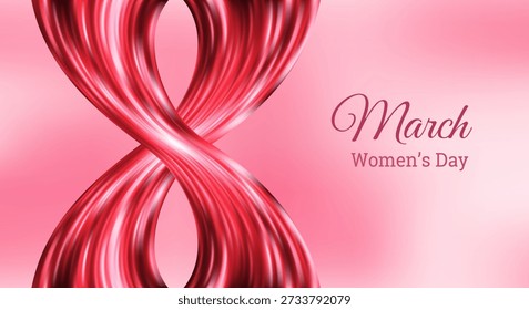 8 March International Women’s Day vector background with red infinity ribbon shape, elegant feminine abstract design for greeting cards, posters, banners, social media campaigns