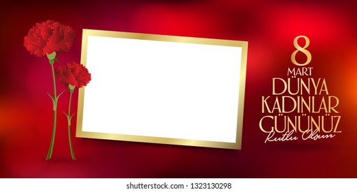 8 March. International Happy Women's Day Celebration. Billboard, Poster, Social Media, Greeting Card template. (Turkish: 8 Mart Dunya Kadinlar Gununuz Kutlu Olsun.)