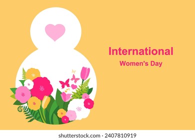 8 de marzo. Día Internacional de la Mujer Feliz. Gran número ocho con flores de primavera. Fondo de celebración con flores, mariposa y lugar para tu texto. Plantilla para banner, tarjeta, afiche, invitaciones