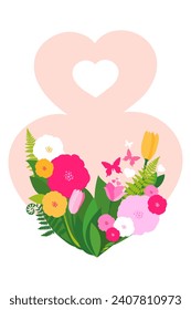 8 de marzo. Día Internacional de la Mujer Feliz. Tarjeta de felicitación. Gran número ocho con flores primaverales y hojas sobre fondo blanco. La primavera florece en rosa. Vacaciones estacionales. Decoración moderna. Marco cardíaco.