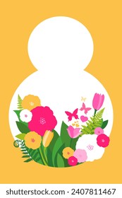 8 de marzo. Día Internacional de la Mujer Feliz. Gran número ocho con flores de primavera. Fondo de celebración con flores, mariposa y lugar para tu texto. Plantilla para banner, tarjeta, afiche, invitaciones