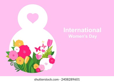 8 de marzo. Día Internacional de la Mujer Feliz. Gran número ocho con flores de primavera. Fondo de celebración con flores, mariposa y lugar para tu texto. Plantilla para banner, tarjeta, afiche, invitaciones