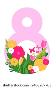 8 de marzo. Día Internacional de la Mujer Feliz.  Tarjeta de felicitación. Gran número ocho con flores primaverales y hojas sobre fondo blanco. La primavera florece en rosa. Vacaciones estacionales. Decoración moderna. 