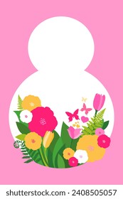 8 de marzo. Día Internacional de la Mujer Feliz. Gran número ocho con flores de primavera. Fondo de celebración con flores, mariposa y lugar para tu texto. Plantilla para banner, tarjeta, afiche, invitaciones